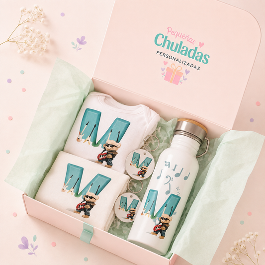 Cajita personalizada bebé: termo + babero + body + llaveros
