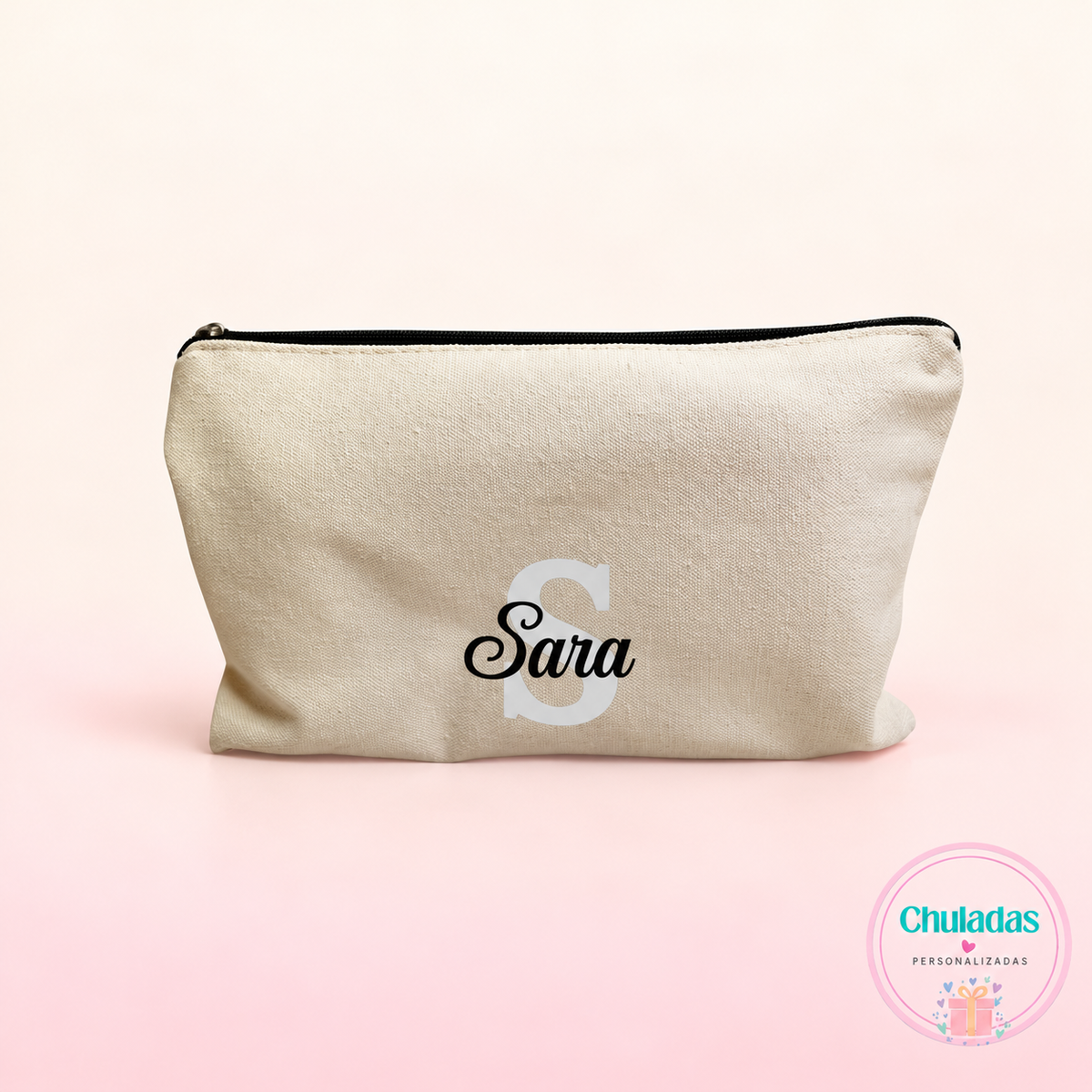 Neceser tela beige inicial y nombre personalizado