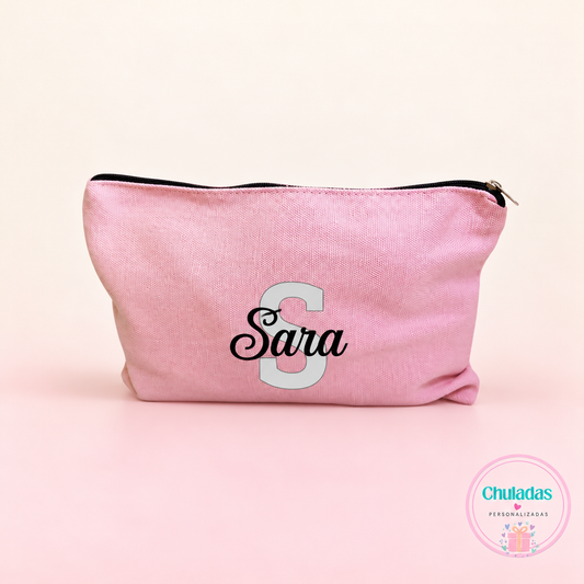 Neceser tela rosa inicial y nombre personalizado