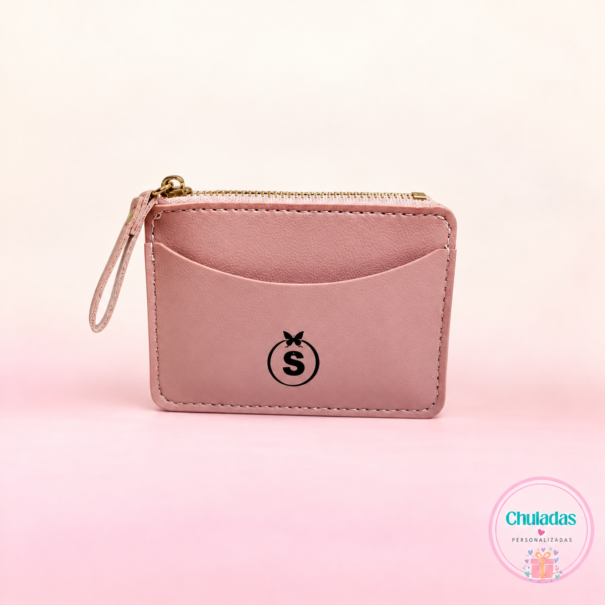 Tarjetero polipiel rosa con cremallera personalizado