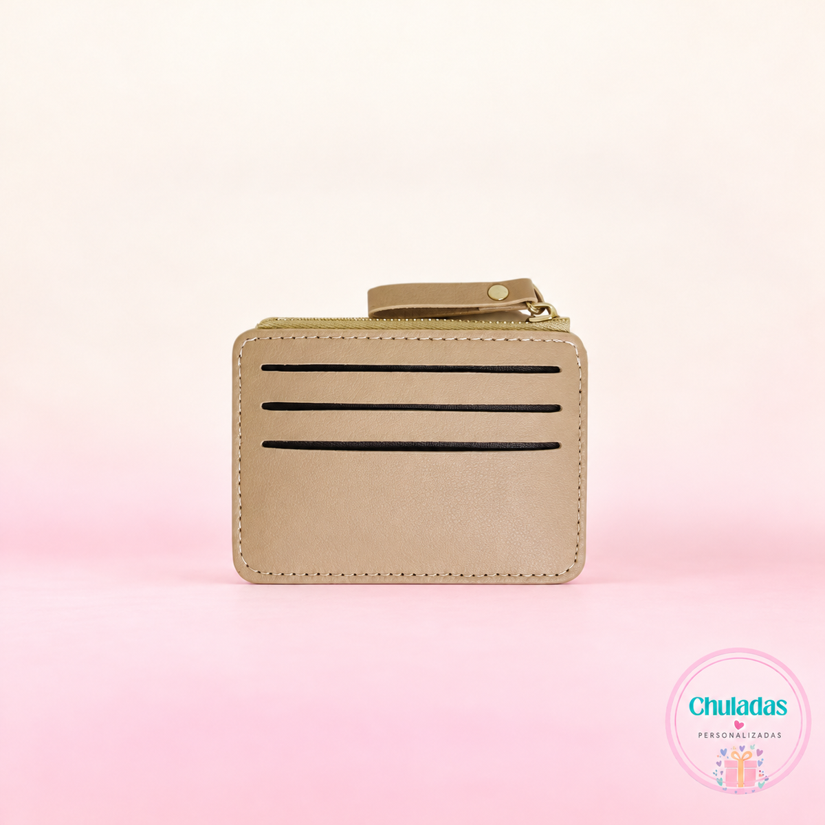 Tarjetero polipiel beige con cremallera personalizado