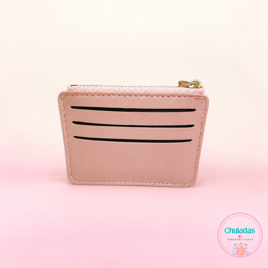 Tarjetero polipiel rosa con cremallera personalizado