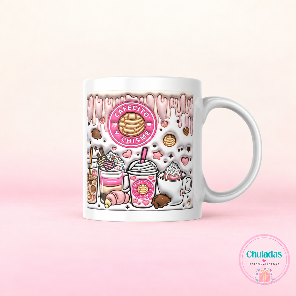 Taza cafecito y chisme efecto 3D
