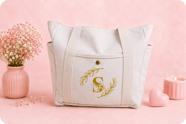 Tote bag beige personalizada con bolsillo para botella