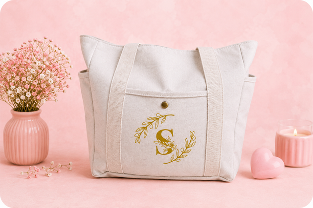Tote bag beige personalizada con bolsillo para botella