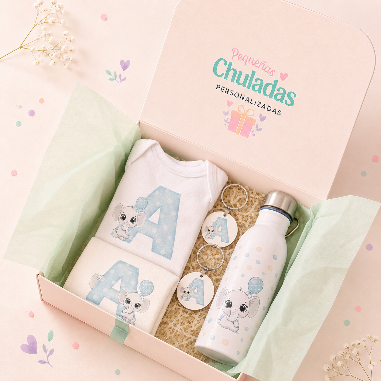 Cajita personalizada bebé: termo + babero + body + llaveros