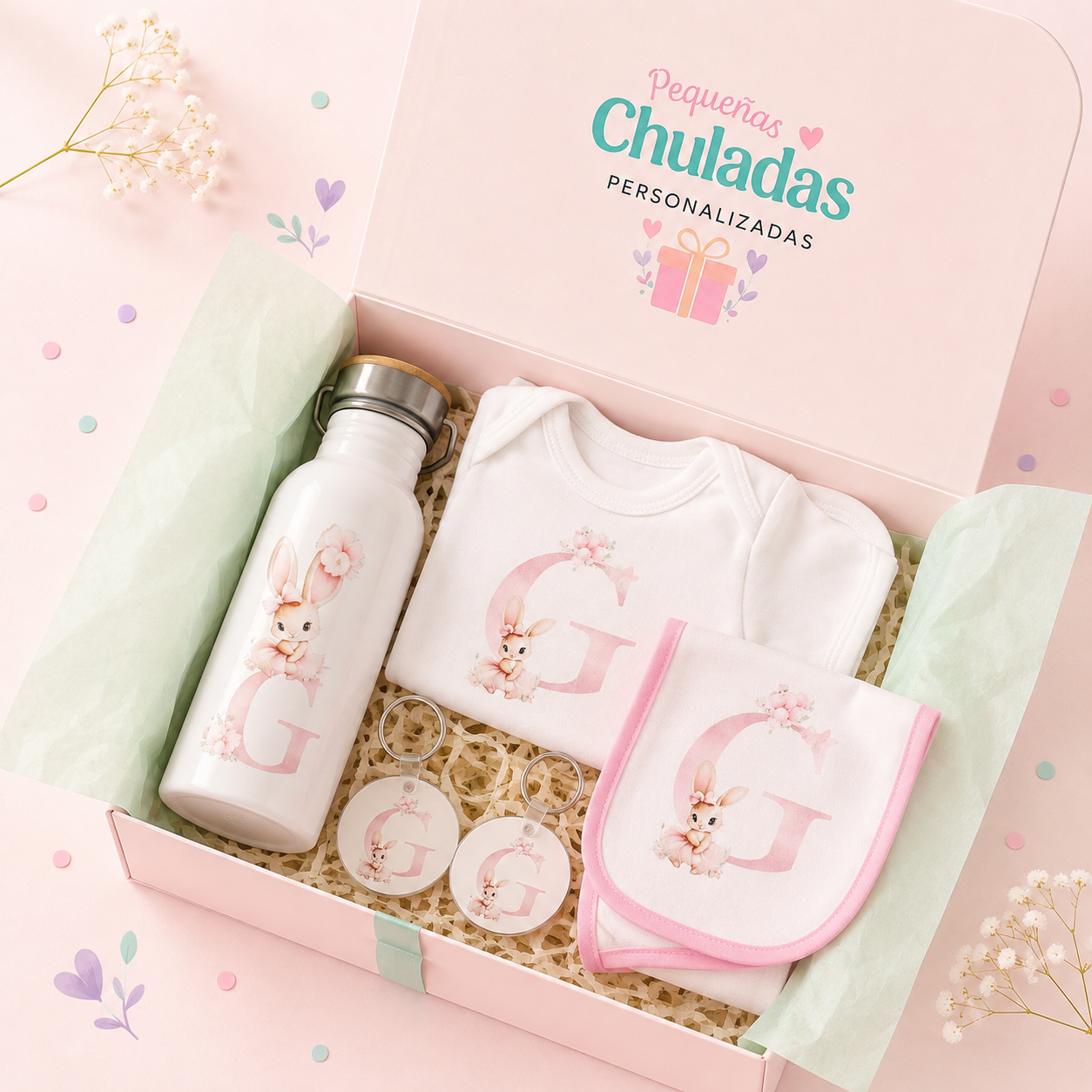 Cajita personalizada bebé: termo + babero + body + llaveros