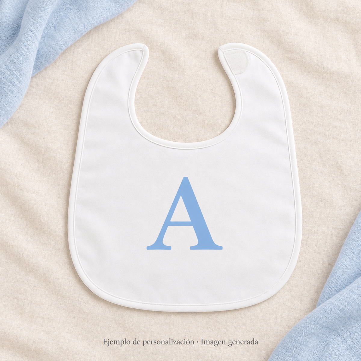 Ejemplo de babero blanco personalizado con inicial A azul cielo sobre fondo crema. Imagen de ejemplo generada.