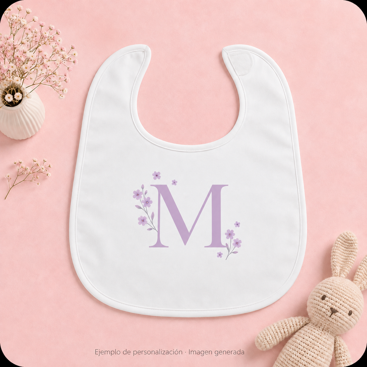 Ejemplo de babero blanco personalizado con inicial M y flores lilas. Imagen de ejemplo generada.