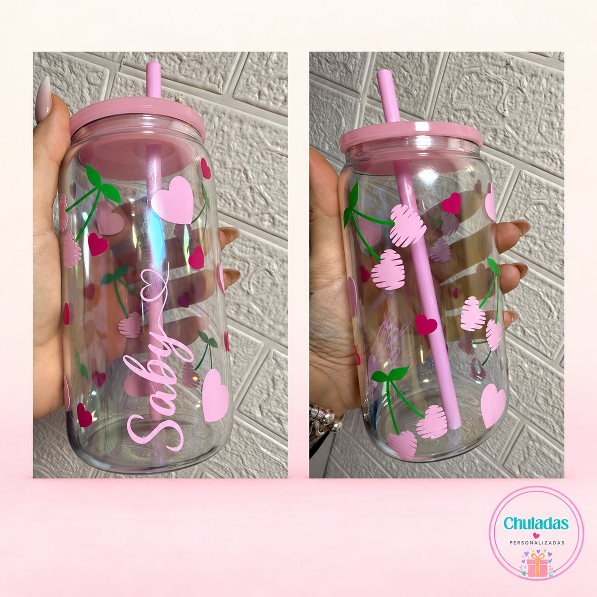 Fotografías reales del vaso de corazones personalizado, visto por ambas caras