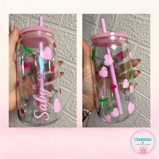 Fotografías reales del vaso de corazones personalizado, visto por ambas caras